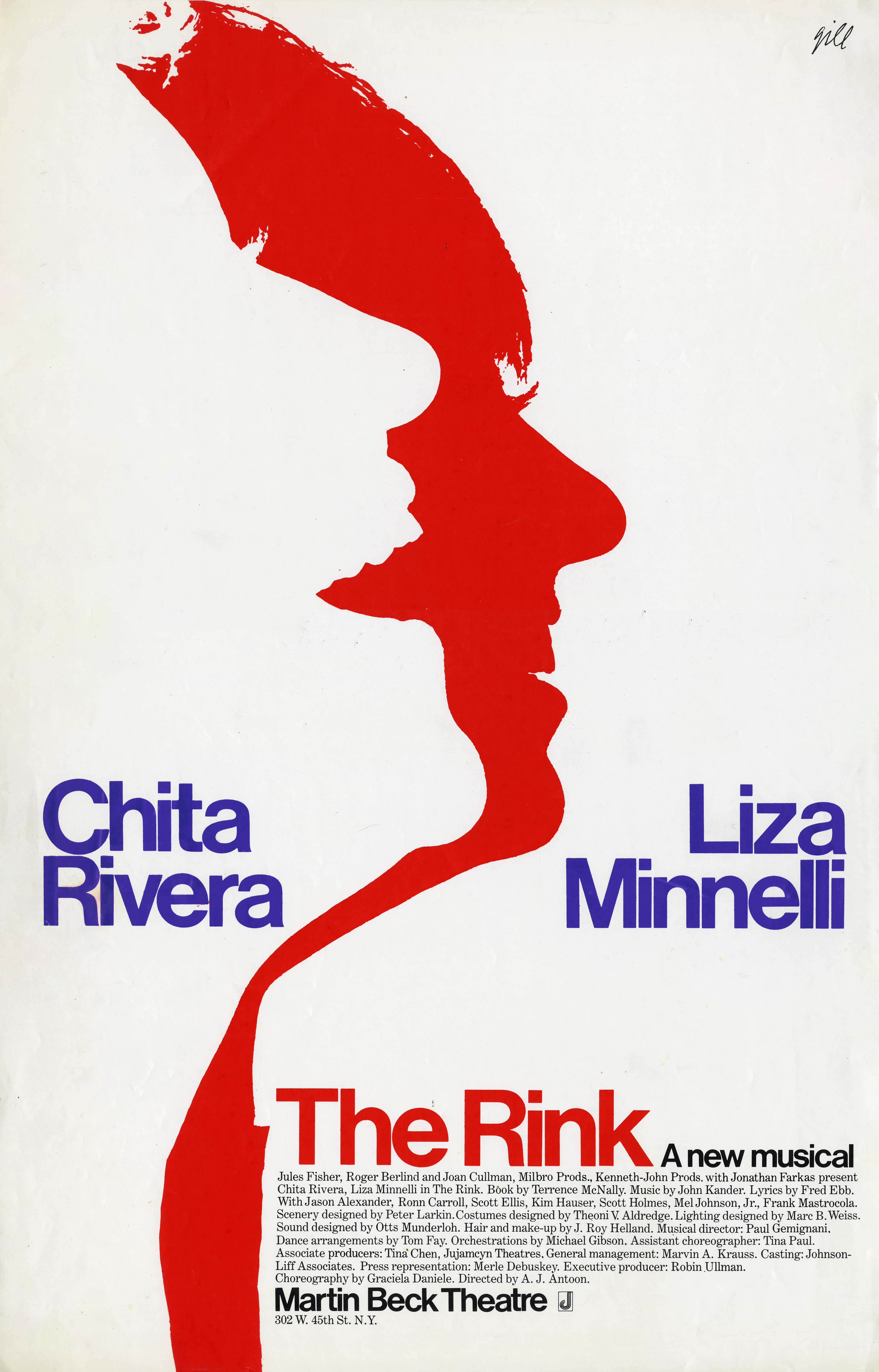 Chita Rivera and Liza Minelli in white and red profiles